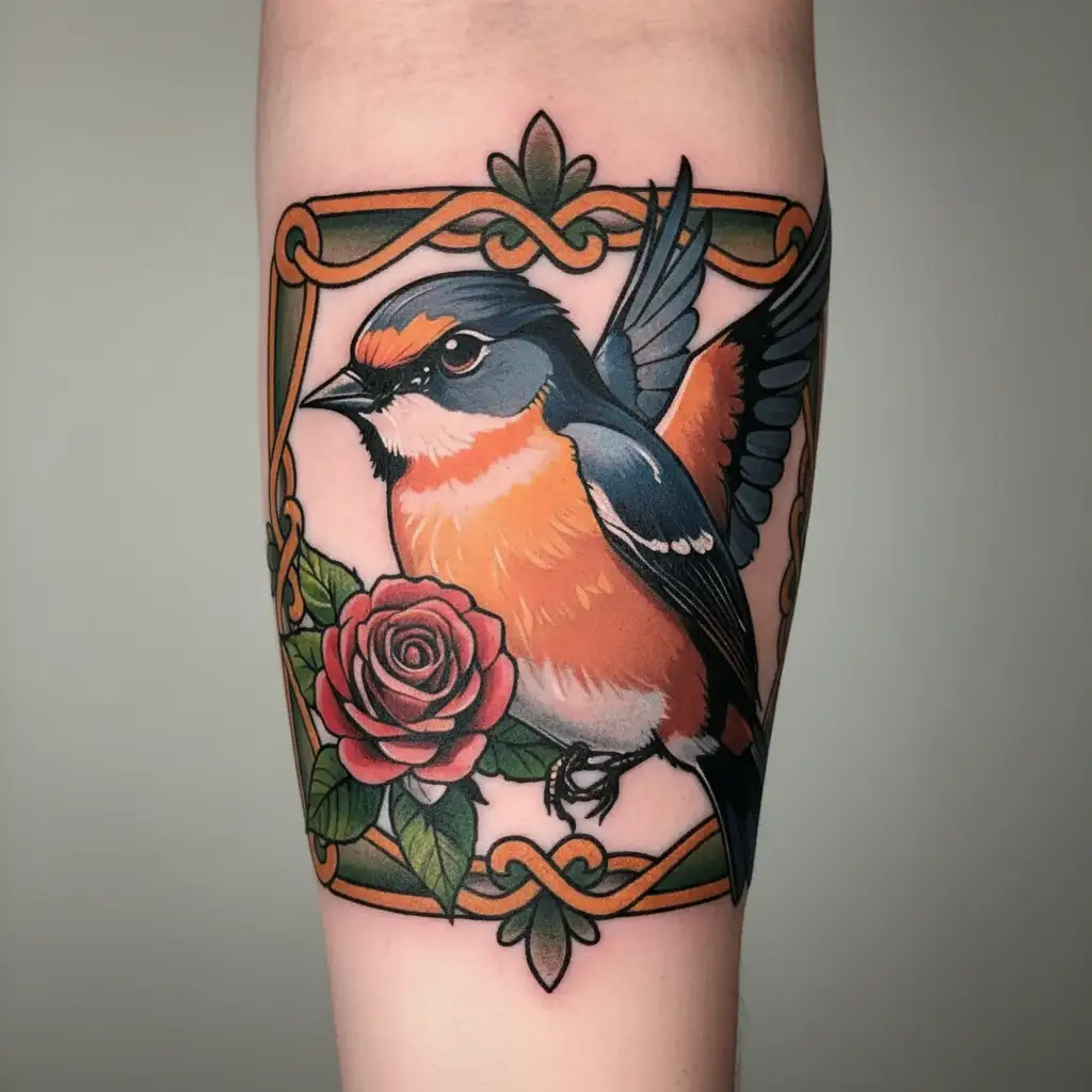 flying robin holding a rose tattoo design idea
