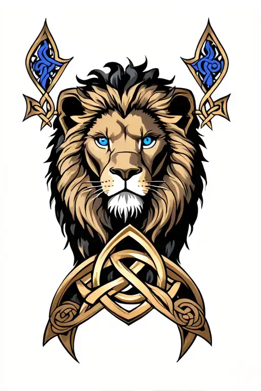lion With Blue Eyes On Armor Tattoo Design Featuring Celtic Trinity Knot Tattoo tattoo design idea