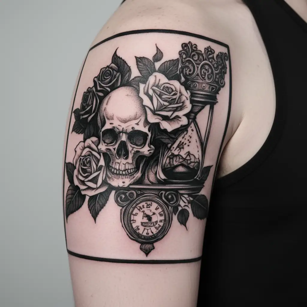 Skull, memento mori seperated by an hourglass, roses and flowers on teh otherside tattoo design idea