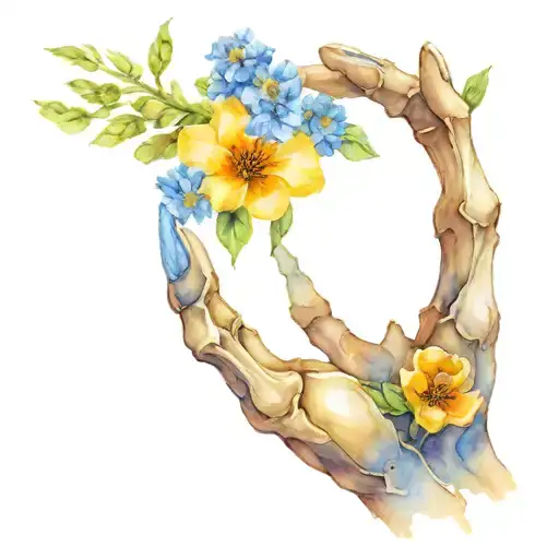 skeleton hand emerging from dirt holding flowers tattoo design idea