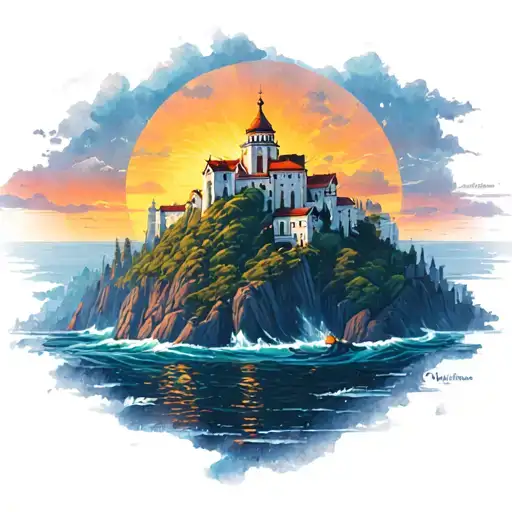 Sea sunset on the monastery mountain peak tattoo design idea