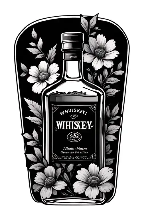 whiskey bottle with flowers tattoo design idea