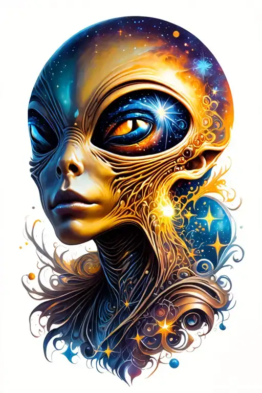 an alien's soul brilliance in the cosmos is revealing secrets from a cluster of stars tattoo design idea