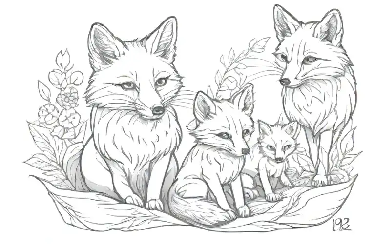 fox with teo fox babys and numbers 11.12.2018 and 12.02.2023 tattoo design idea