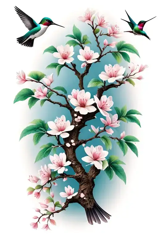 hummingbirds flying & perched in dogwood tree tattoo design idea