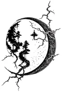 moon in crescent phase crying with the lightnings, moon without the face presented as forest or sea tattoo design idea