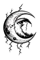 moon in crescent phase crying with the lightnings, moon without the face presented as forest or sea tattoo design idea