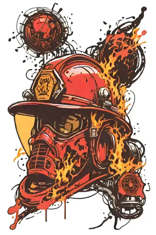 Firefighter helmet engulfed in flames tattoo design idea