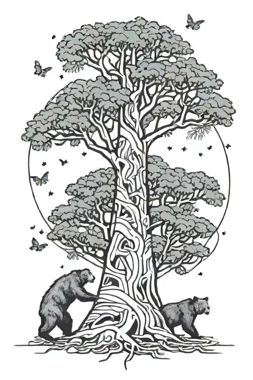 Big Pine tree with 5 small bears surround the bottom. two tiny butterflies flying near the top of the tree tattoo design idea