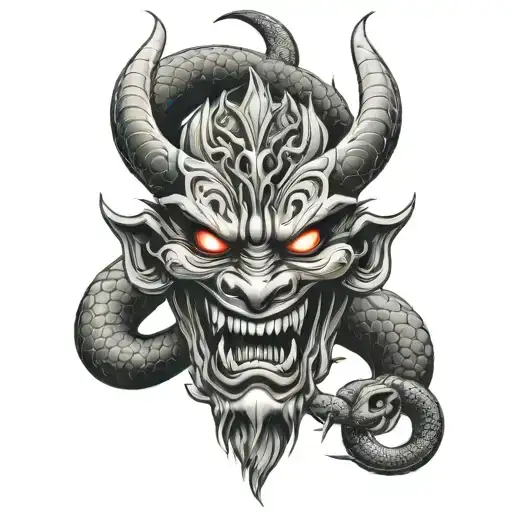 snakes sword oni mask Japanese style tattoo design idea