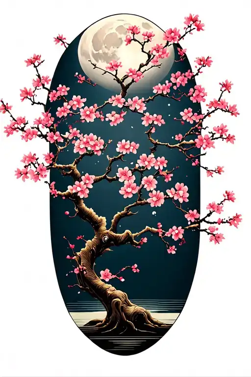 Elegant tree of sakura, part of the branches against the background of the full moon tattoo design idea