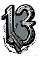 number 13 designed with golf club snd fidhing hooks tattoo design idea