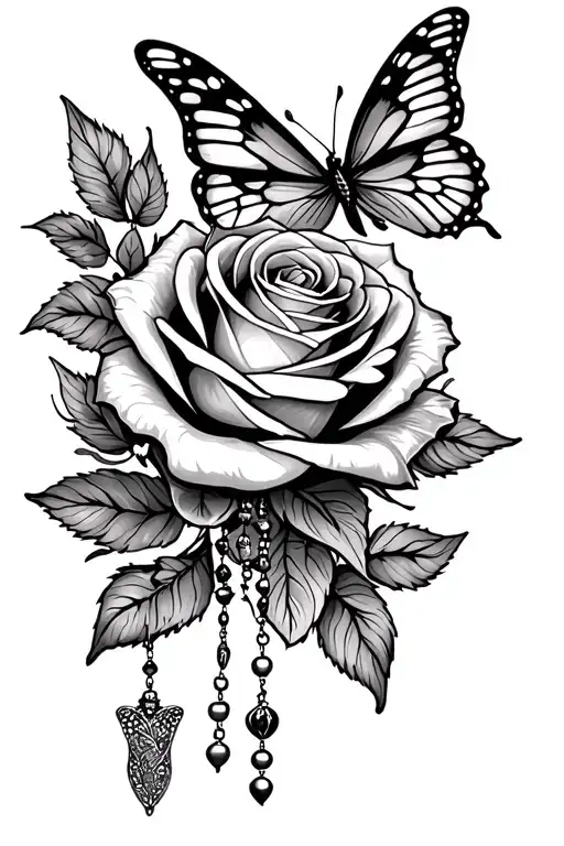 rose with butterfly and rosary tattoo design idea
