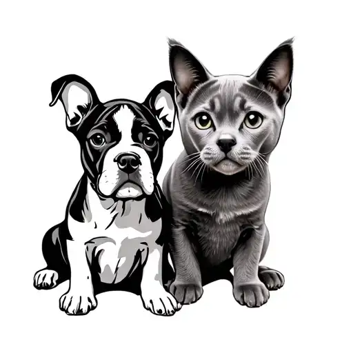 A Staffordshire Terrier puppy with cropped ears and a grey British Shorthair cat, side by side, with detail tattoo design idea
