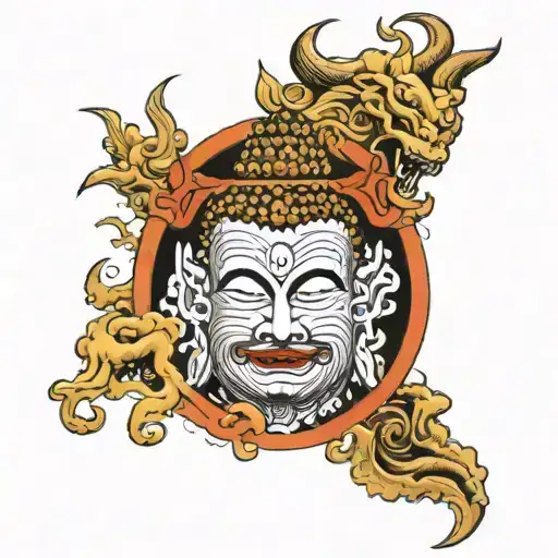 Buddha and oni mask split in half sleeve tattoo design idea