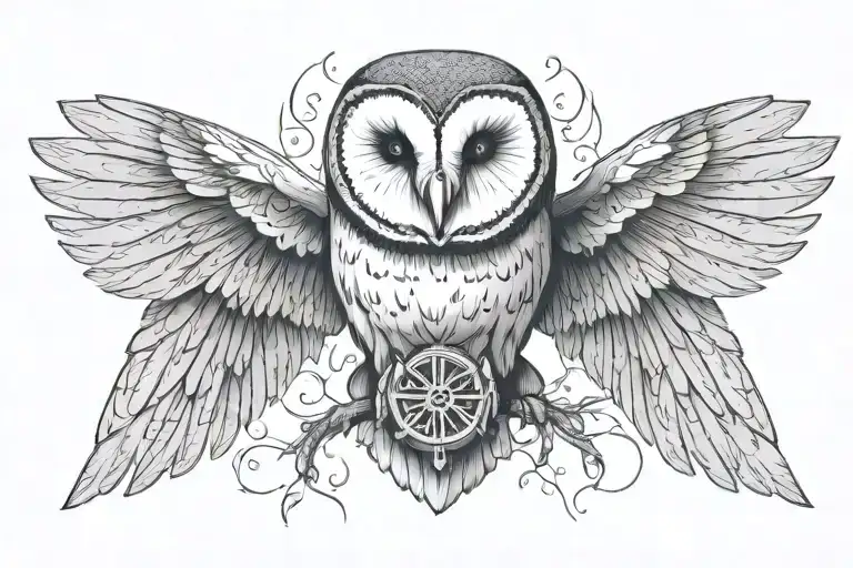 barn owl, wings spread, skull tattoo design idea