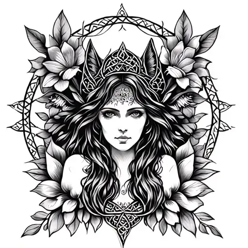 Celtic Goddess, Danu. Surrounded by her associated flowers and animals tattoo design idea
