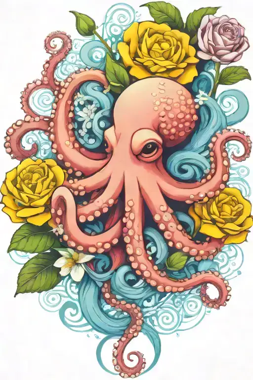octopus, snowdrop, rose,  marigold flower tattoo design idea