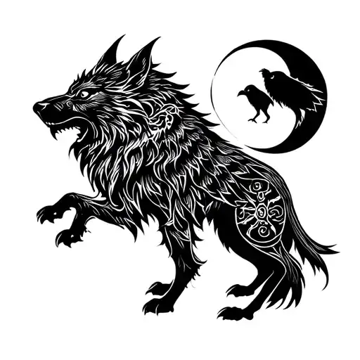 Odin, Fenrir, huginn and muninn, skoll and hati sun and moon tattoo design idea