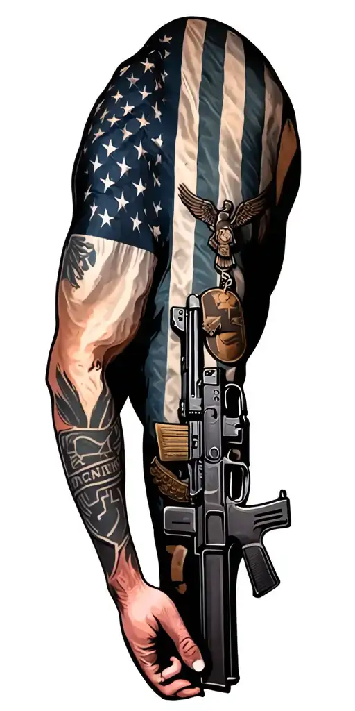 full arm sleeve with american flag, usmc, ar15, dog tags and cross tattoo design idea