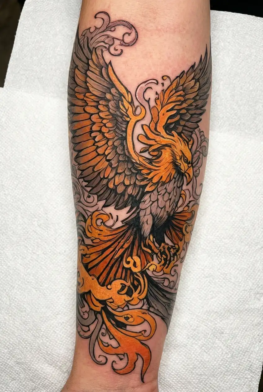 symbolic half-sleeve tattoo featuring a majestic phoenix rising from the ashes,  with full face visible , and 2 wings tattoo design idea