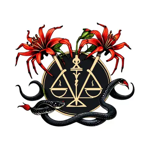 6 red spider lillies with matte black snake going down in front of it and a libra sign  tattoo design idea