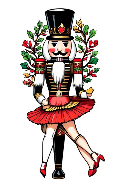 black and white badass tatted nutcracker with a shorter colorful ballerina leaning against nutcracker tattoo design idea