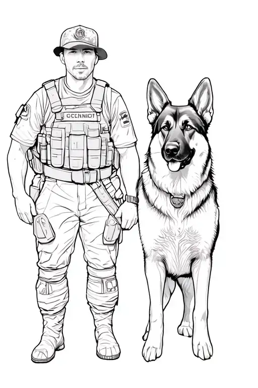 Combat veteran with a German shepherd standing side by side in a heroic pose tattoo design idea