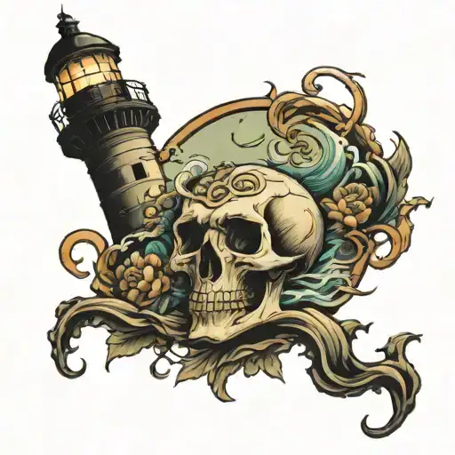 skull Lighthouse near ocean tattoo design idea