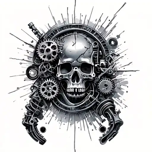 metal parts, gears, pipes, wires, torn skin effect,  realism, black and gray color scheme. On arm tattoo design idea