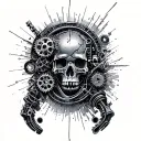 metal parts, gears, pipes, wires, torn skin effect,  realism, black and gray color scheme. On arm tattoo design idea