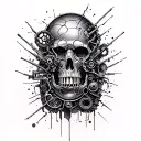 metal parts, gears, pipes, wires, torn skin effect,  realism, black and gray color scheme. On arm tattoo design idea