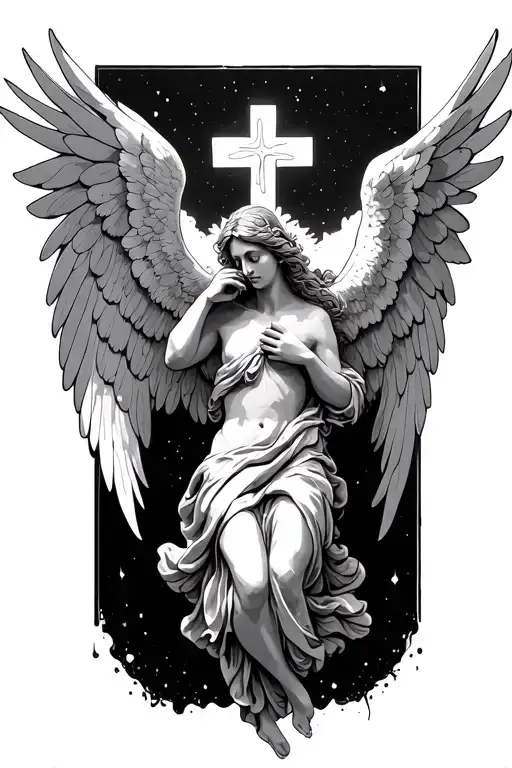an angel falling with a cross in the back tattoo design idea