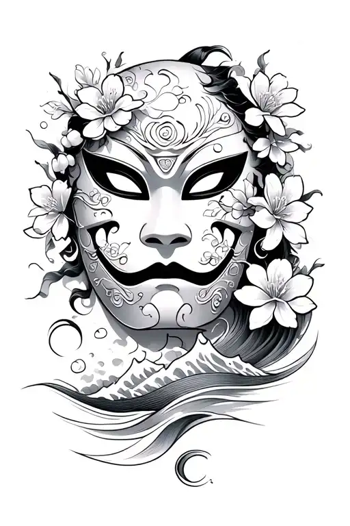 japanese mask with cherry blossom petals and tsunami tattoo design idea