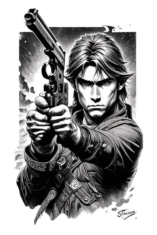 link from legend of Zelda reimagined as a gunslinger from Stephen kings dark tower series tattoo design idea