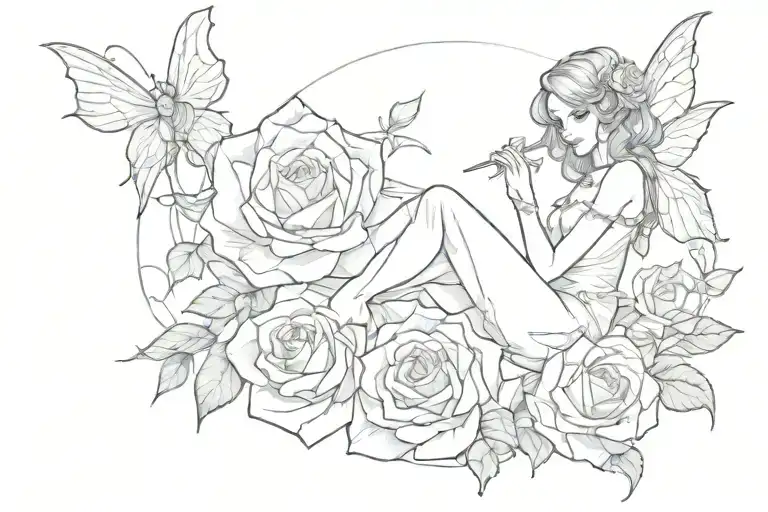 gurl fairy sit  in the rose tattoo design idea