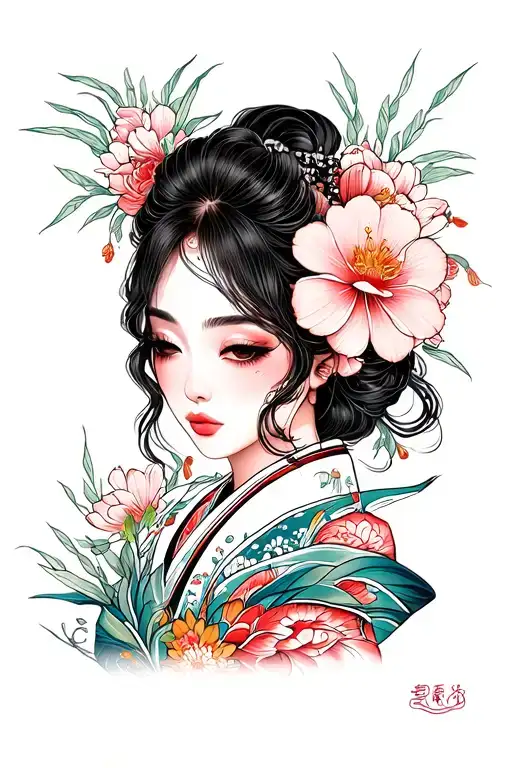 Japanese female tattoos in neo-grass style, tattoo design, drawing on paper tattoo design idea
