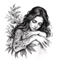 organic earthy feminine woman outline resting tattoo design idea