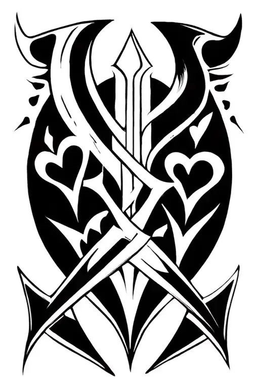 double bladed scimitar with three hearts in the blade tattoo design idea