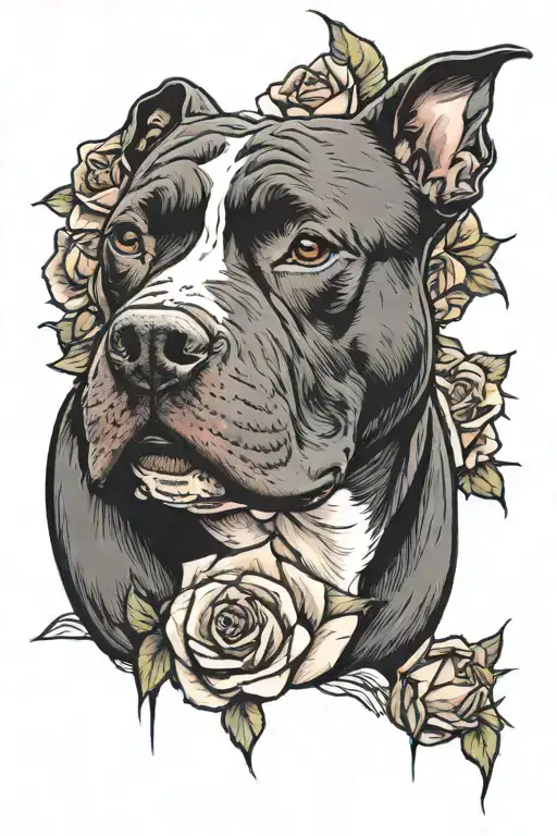 black pit bull, with ears, sitting, smiling, color sketch, roses tattoo design idea