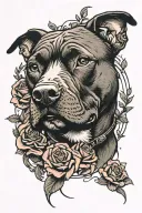 black pit bull, with ears, sitting, smiling, color sketch, roses tattoo design idea