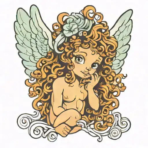 curly hair cherub tattoo design idea