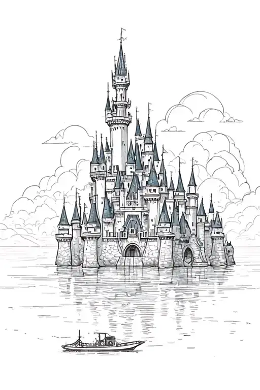 disney castle with boat on the water tattoo design idea