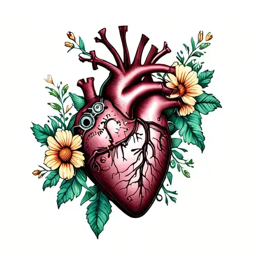 a mechanical heart with a steampunk aesthetic and delicate natural flowers growing from it tattoo design idea