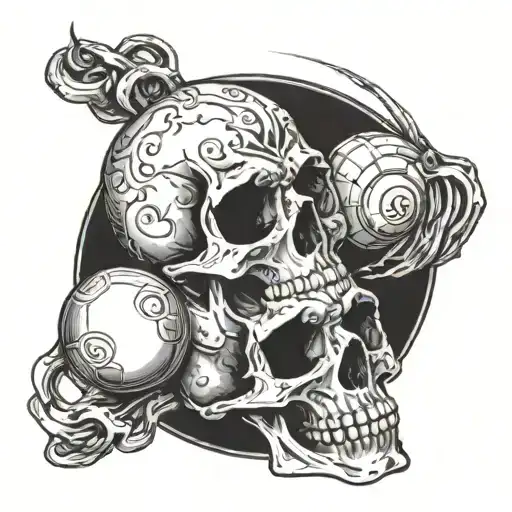 skull holding eight ball tattoo design idea