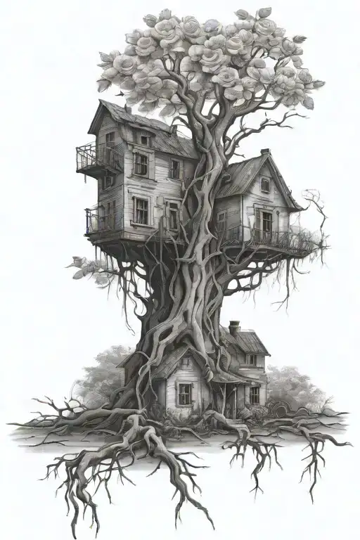 Abandoned Stalin-era house, roses, tree roots tattoo design idea