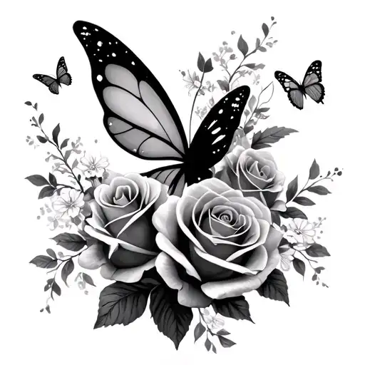 tinker Bell roses and butterflies tattoo design idea