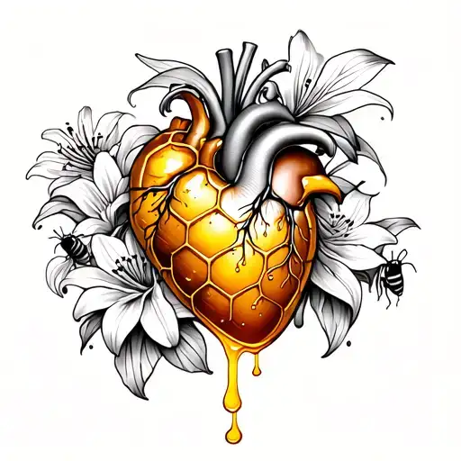 A tattoo sleeve for male. Include an anatomical heart that is made of honeycomb with honey dripping from it. Bees. Lily. tattoo design idea