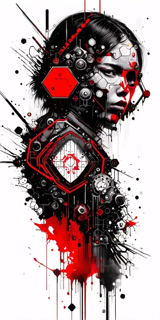 cyberpunk with hexagons, mechanical parts, and Japanese oni tattoo design idea