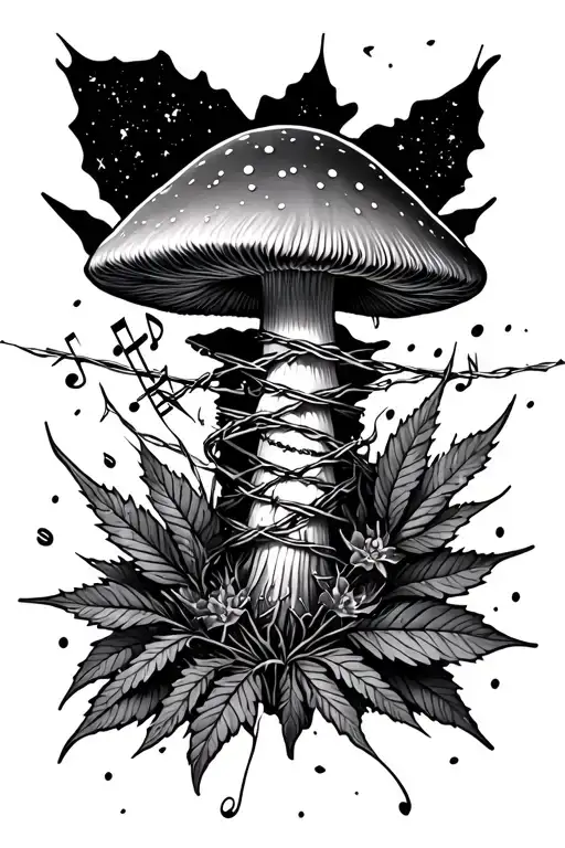 leg tattoo containing broken barbed wire and music note weed leafe and mushroom arise from it and evolve to galaxy tattoo design idea